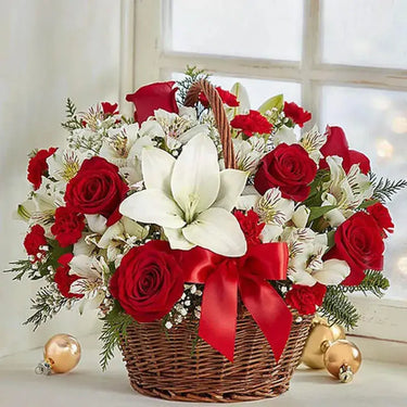 Joyful Red and White, Red Roses, White Oriental Lily, White Alstroemeria, Handle Basket, Red Ribbon